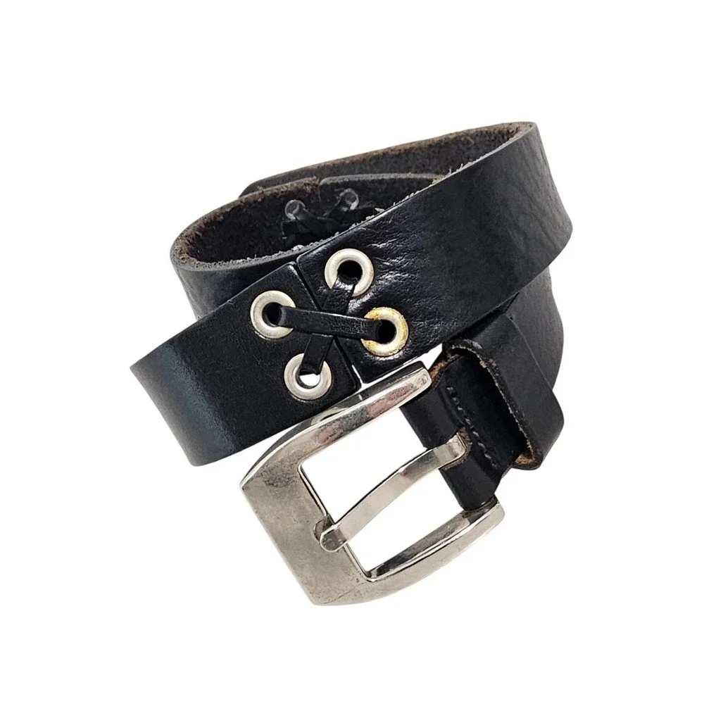 Express Women Belt Medium Black Italian Leather Lace Up Grommet 90s Y2K Emo Indy